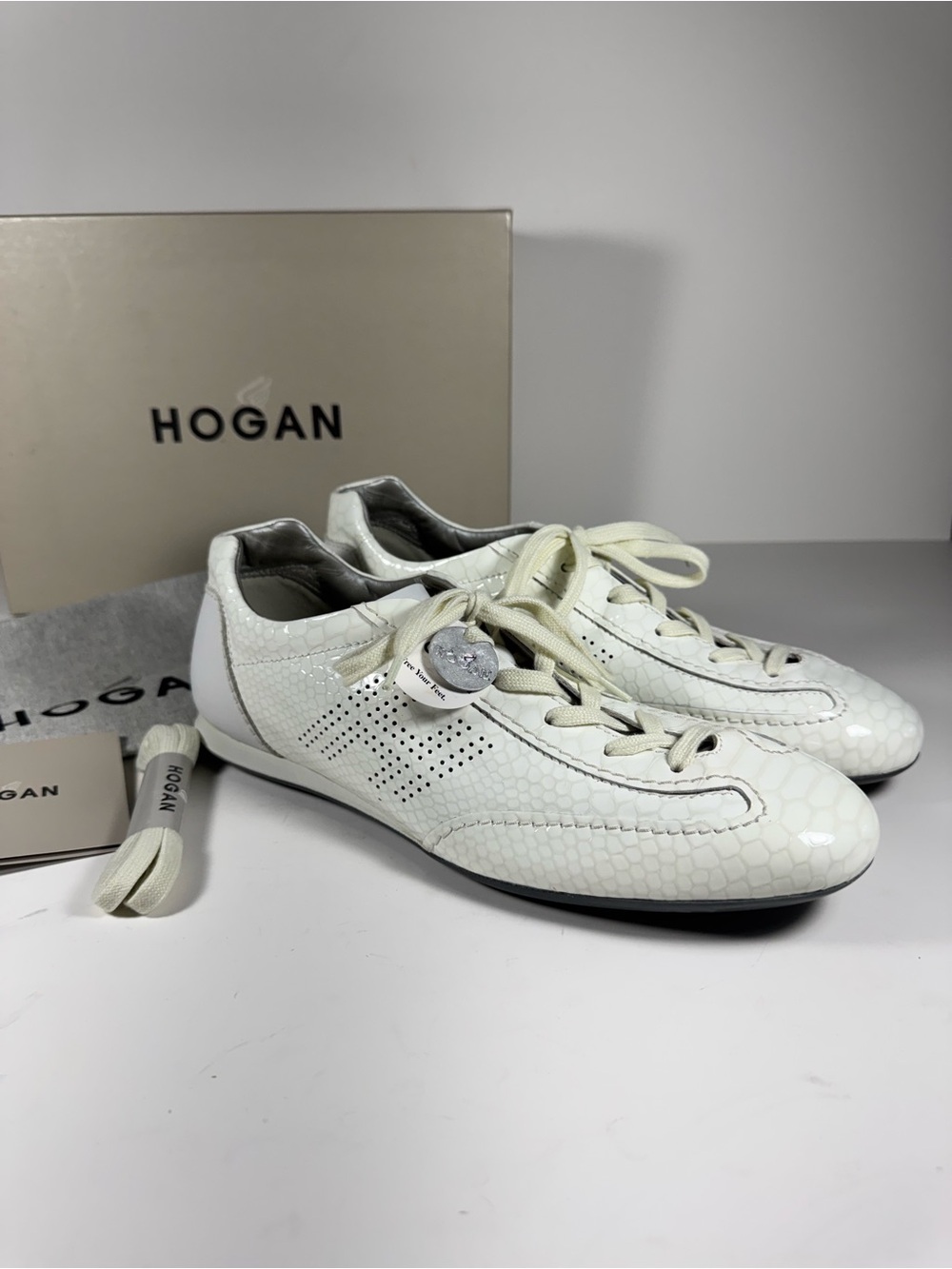 NIB Hogan White Snakeskin Embossed Patent Leather Low Profile Sneakers Women 9.5